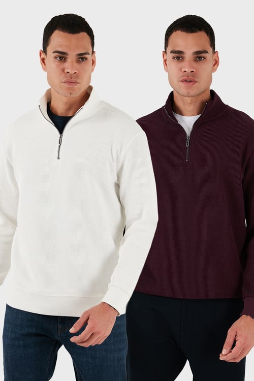 Buratti Pamuklu Regular Fit Yarım Fermuarlı Dik Yaka 2'li Paket Erkek Sweat 5905716S2 EKRU-VİŞNE