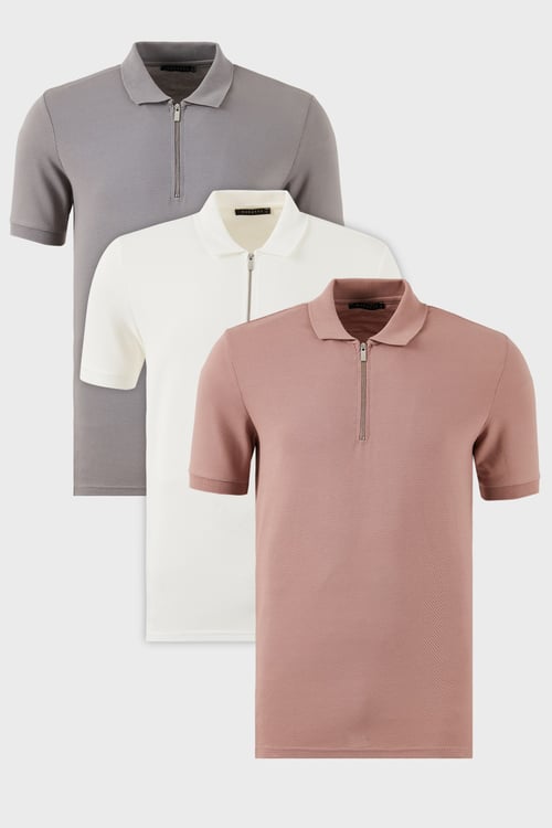 Buratti Pamuklu Regular Fit Yarım Fermuarlı 3'lü Paket Erkek Polo Yaka T Shirt 5902915S3 Pudra-Beyaz-Kül