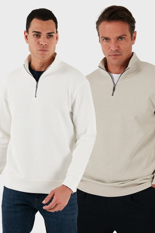 Buratti Pamuklu Regular Fit Yarım Fermuarlı Dik Yaka 2'li Paket Erkek Sweat 5905716S2 EKRU-TAŞ