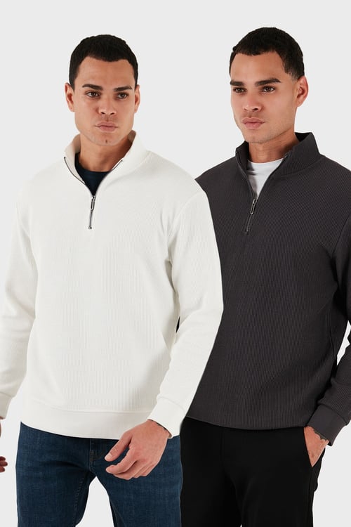 Buratti Pamuklu Regular Fit Yarım Fermuarlı Dik Yaka 2'li Paket Erkek Sweat 5905716S2 Antrasit-Ekru