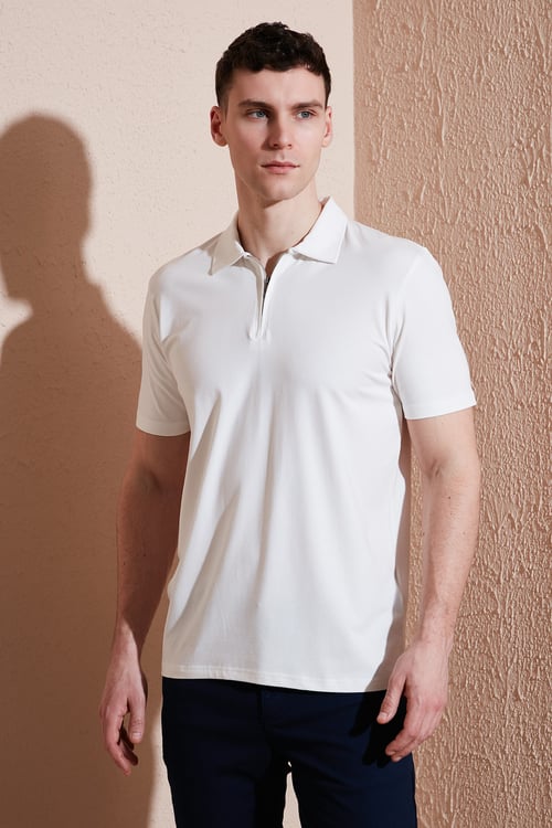 Buratti Pamuklu Regular Fit Yarım Fermuarlı Erkek Polo Yaka T Shirt 5902972 EKRU
