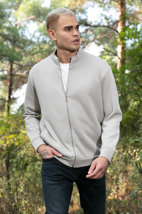 Buratti Pamuklu Relaxed Fit Dik Yaka Fermuarlı Erkek Hırka 5901075 TAŞ