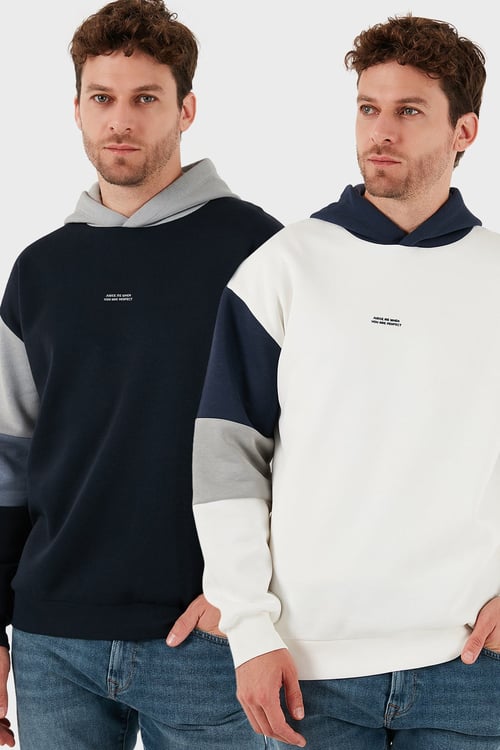 Buratti Pamuklu Relaxed Fit Kapüşonlu İçi Tüylü Yumuşak Şardonlu 2' li Paket Erkek Sweat 5905299S2 Ekru-Koyu Lacivert