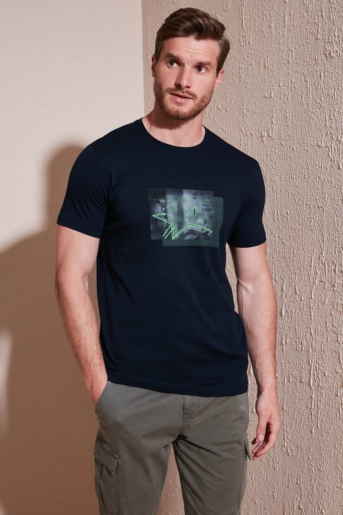 Pamuklu Slim Fit Bisiklet Yaka Erkek T Shirt 646R8120 LACİVERT
