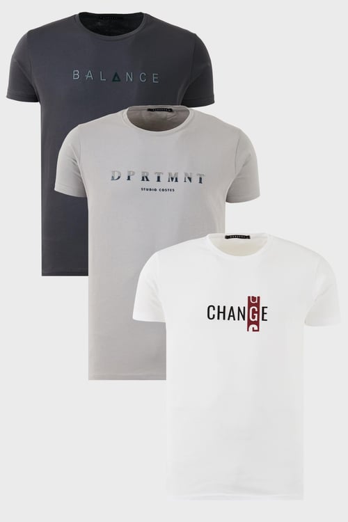 Buratti Pamuklu Slim Fit Bisiklet Yaka Baskılı 3'lü Paket Erkek T Shirt 541S31 Füme-Beyaz-Açık Gri
