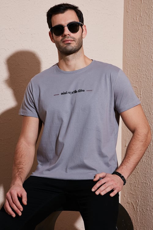 Pamuklu Slim Fit Bisiklet Yaka Erkek T Shirt 541WIND AÇIK GRİ