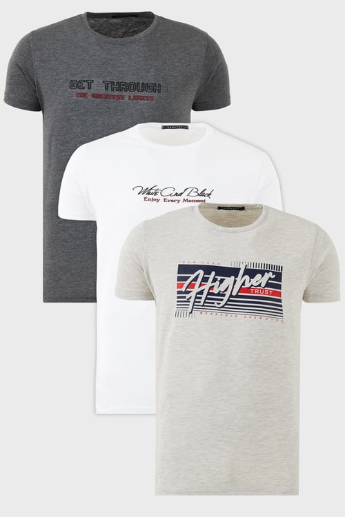 Buratti Pamuklu Slim Fit Bisiklet Yaka Baskılı 3'lü Paket Erkek T Shirt 541S31 Beyaz-Antrasit-Açık Melanj