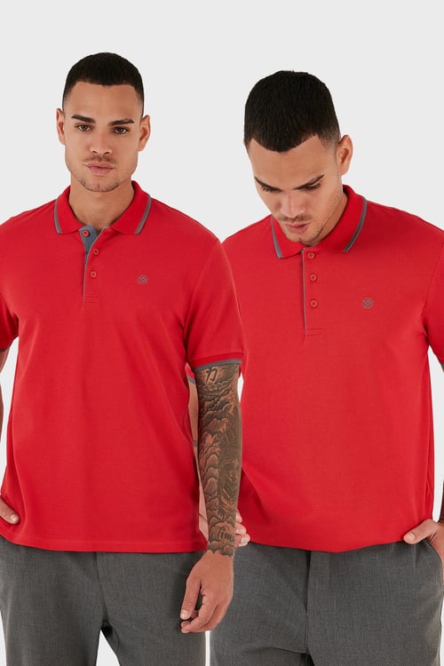 Buratti Pamuklu Slim Fit Düğmeli 2'li Paket Erkek Polo Yaka T Shirt 5902118S2 Kırmızı-Kırmızı
