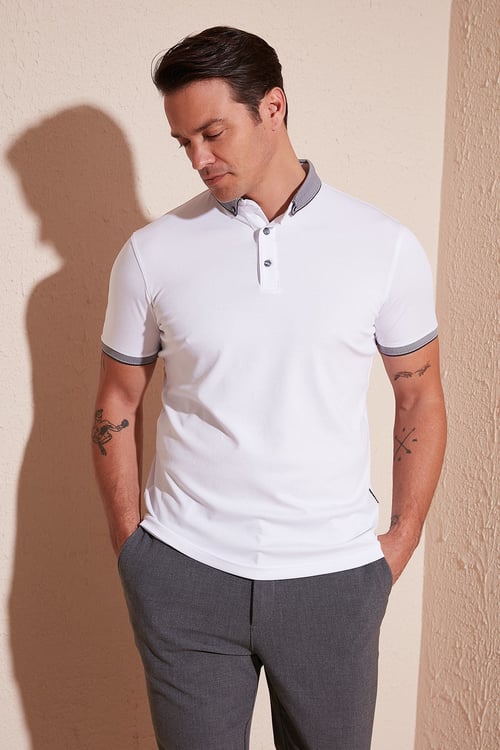 Buratti Pamuklu Slim Fit Erkek Polo Yaka T Shirt 646R4560 BEYAZ-ANTRASİT