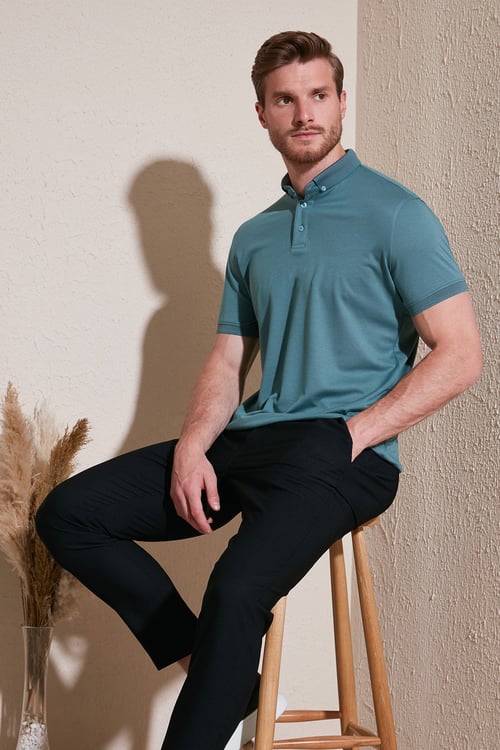 Pamuklu Slim Fit Erkek Polo Yaka T Shirt 646R1000 Mint-Füme