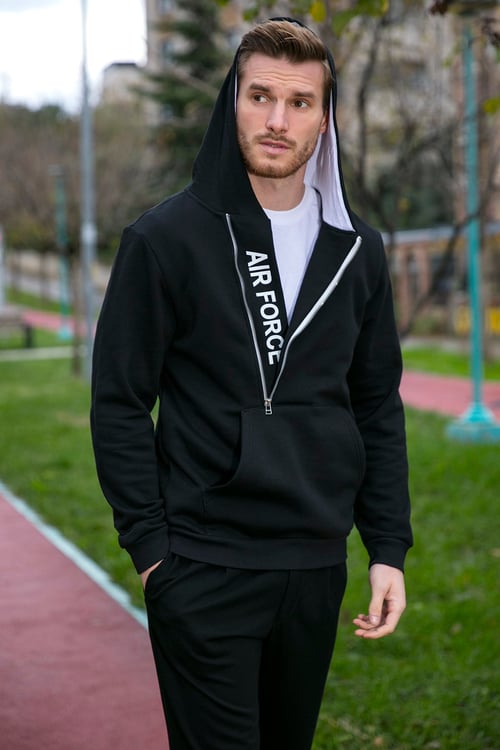 Buratti Pamuklu Slim Fit Kanguru Cepli Fermuar Detaylı Kapüşon Yaka Erkek Sweat 575707 SİYAH-SİYAH