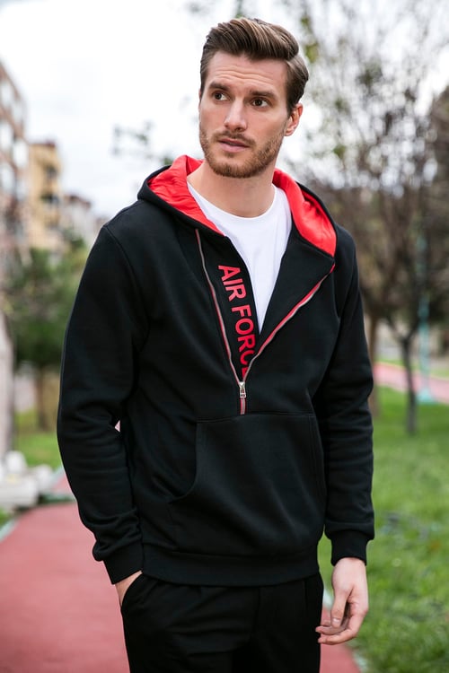 Buratti Pamuklu Slim Fit Kanguru Cepli Fermuar Detaylı Kapüşon Yaka Erkek Sweat 575707 SİYAH-KIRMIZI