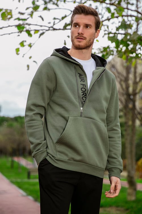Buratti Pamuklu Slim Fit Kanguru Cepli Fermuar Detaylı Kapüşon Yaka Erkek Sweat 575707 HAKİ