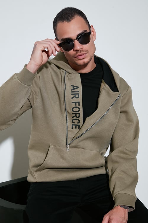 Buratti Pamuklu Slim Fit Kanguru Cepli Fermuar Detaylı Kapüşon Yaka Erkek Sweat 575707 Vizon Yeşili