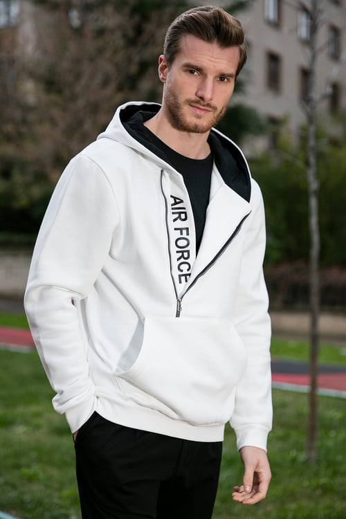 Buratti Pamuklu Slim Fit Kanguru Cepli Fermuar Detaylı Kapüşon Yaka Erkek Sweat 575707 EKRU