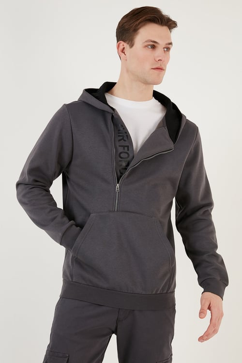 Buratti Pamuklu Slim Fit Kanguru Cepli Fermuar Detaylı Kapüşon Yaka Erkek Sweat 575707 ANTRASİT