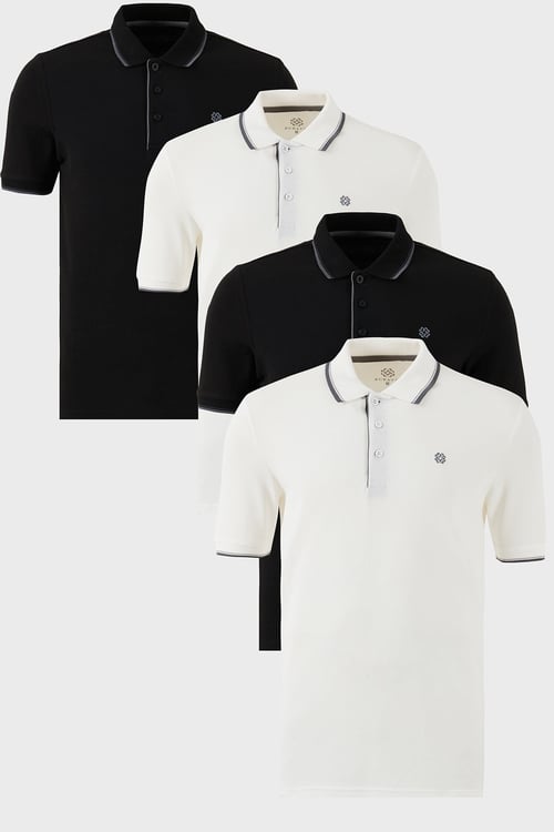 Buratti Pamuklu Slim Fit Şerit Detaylı Düğmeli Polo Yaka 4'lü Paket Erkek T Shirt 5902118S4 Siyah-Siyah-Beyaz-Beyaz