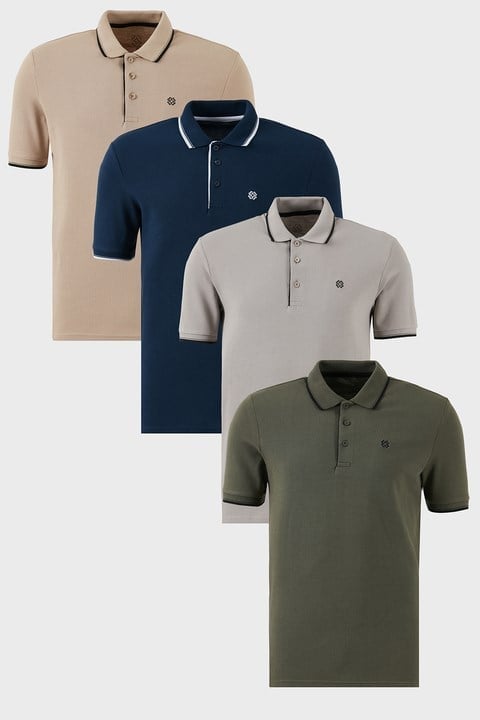 Buratti Pamuklu Slim Fit Şerit Detaylı Düğmeli Polo Yaka 4'lü Paket Erkek T Shirt 5902118S4 Haki-İndigo-Taş-Vizon