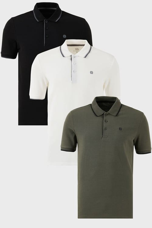 Buratti Pamuklu Slim Fit Şerit Detaylı Düğmeli Polo Yaka 3'lü Paket Erkek T Shirt 5902118S3 SİYAH-BEYAZ-HAKİ