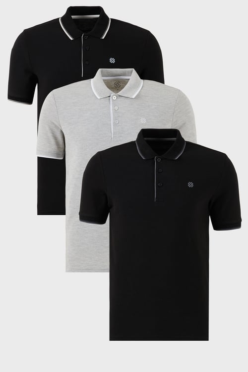 Buratti Pamuklu Slim Fit Şerit Detaylı Düğmeli Polo Yaka 3'lü Paket Erkek T Shirt 5902118S3 Siyah-Gri Melanj-Siyah-Beyaz