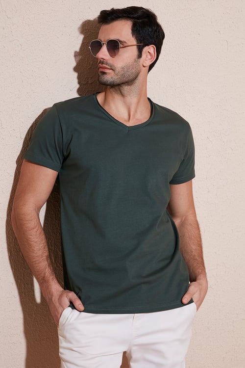 Pamuklu Slim Fit V Yaka Basic Erkek T Shirt 5412001 HAKİ