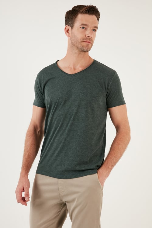 Buratti Pamuklu Slim Fit V Yaka Basic Erkek T Shirt 5412001 Haki Melanj
