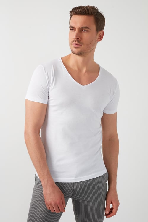 Buratti Pamuklu Slim Fit V Yaka Basic Erkek T Shirt 5412001 BEYAZ
