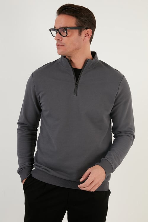 Buratti Pamuklu Slim Fit Yarım Fermuarlı Dik Yaka Erkek Sweat 5905400 ANTRASİT