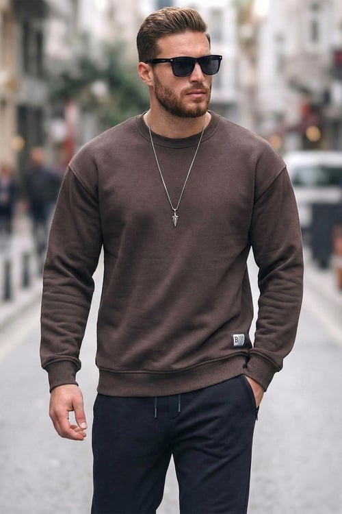 Buratti Regular Fit Bisiklet Yaka Pamuklu İçi Tüylü Yumuşak Şardonlu Erkek Sweat 5905255 KOYU KAHVE
