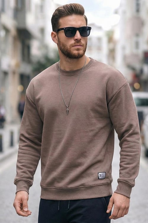 Buratti Regular Fit Bisiklet Yaka Pamuklu İçi Tüylü Yumuşak Şardonlu Erkek Sweat 5905255 SÜTLÜ KAHVE