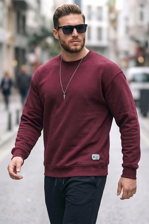 Buratti Regular Fit Bisiklet Yaka Pamuklu İçi Tüylü Yumuşak Şardonlu Erkek Sweat 5905255 VİŞNE
