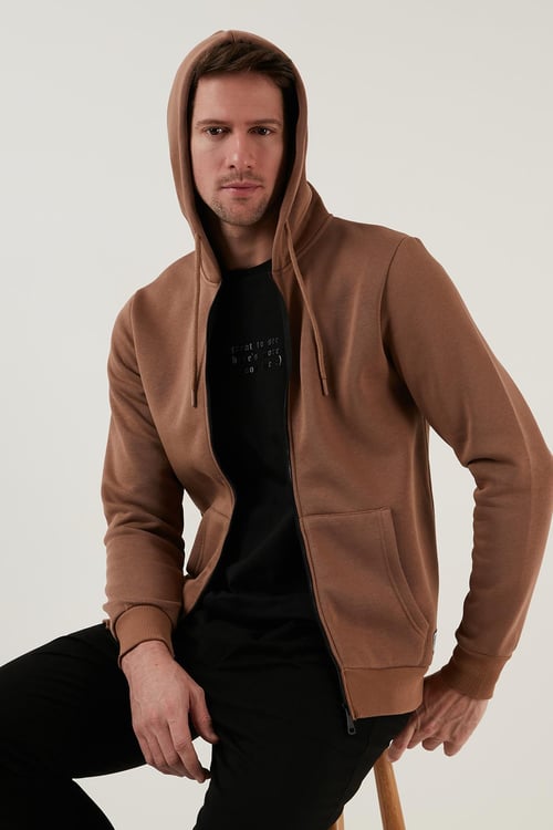 Buratti Regular Fit Kapüşonlu Fermuarlı İçi Tüylü Yumuşak Şardonlu Kışlık Erkek Sweat 5905340 SÜTLÜ KAHVE