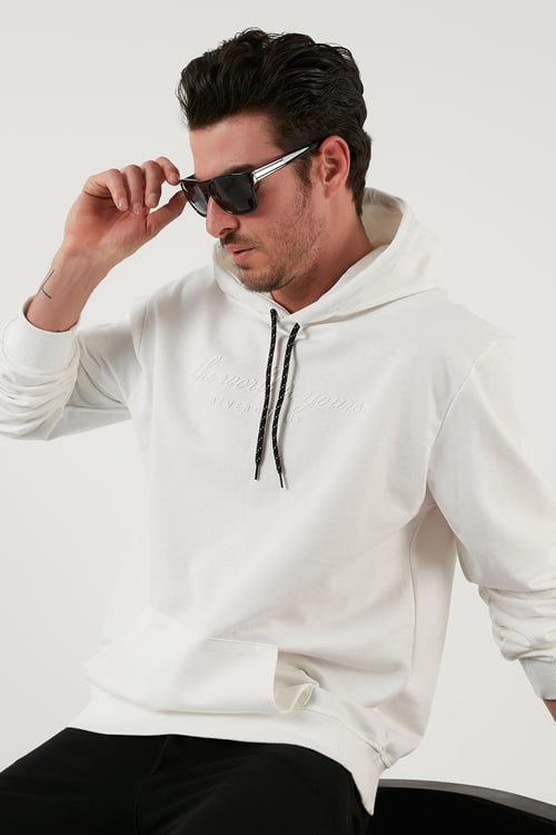Buratti Slim Fit Baskılı Kapüşonlu Kanguru Cepli Pamuklu Erkek Sweat 5414018 EKRU