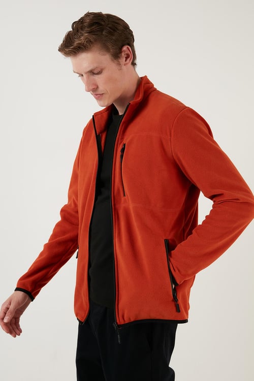 Buratti Slim Fit Fermuarlı Cepli Dik Yaka Soğuk Geçirmez Polar Erkek Hırka 5906028 ORANJ