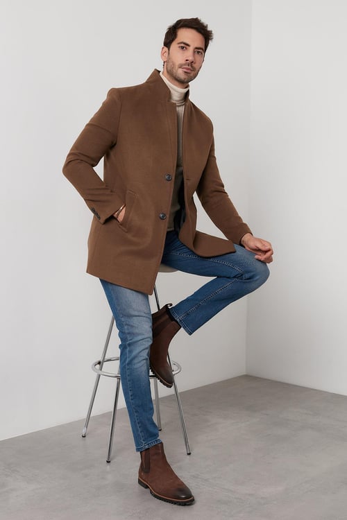 Buratti Slim Fit Tek Yırtmaçlı Düğmeli Dik Yaka Kaşe Erkek Kaban 5840110 TABA