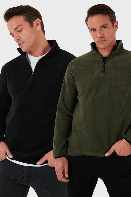 Buratti Slim Fit Yarım Fermuarlı Dik Yaka Soğuk Geçirmez 2'li Paket Erkek Polar 5906003S2 HAKİ-SİYAH