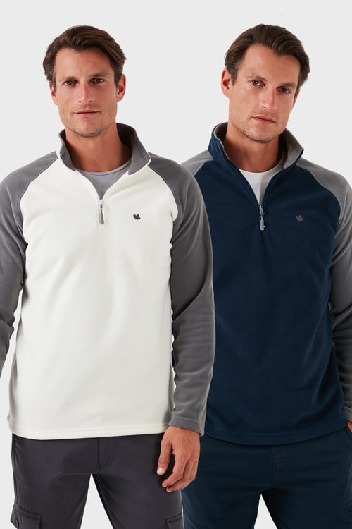 Buratti Slim Fit Yarım Fermuarlı Soğuk Geçirmez Şardonlu 2'li Paket Erkek Polar 5906055S2 EKRU-LACİVERT