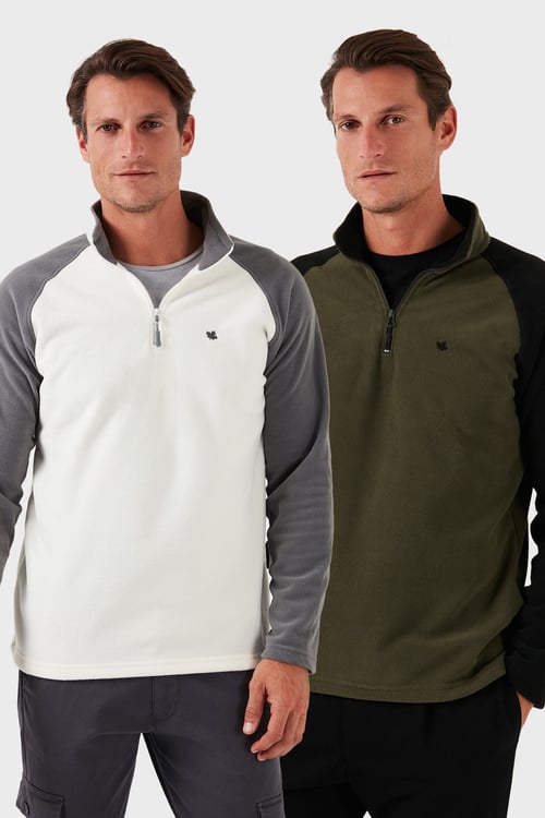 Buratti Slim Fit Yarım Fermuarlı Soğuk Geçirmez Şardonlu 2'li Paket Erkek Polar 5906055S2 Ekru-Haki