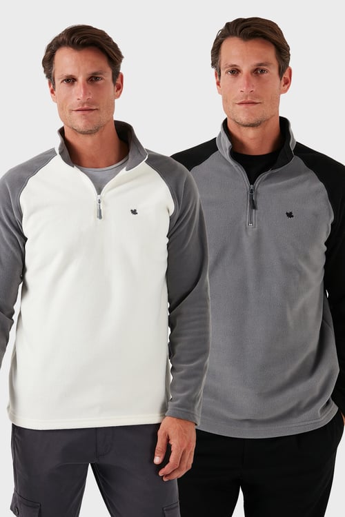 Buratti Slim Fit Yarım Fermuarlı Soğuk Geçirmez Şardonlu 2'li Paket Erkek Polar 5906055S2 EKRU-GRİ