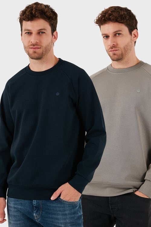 Buratti Streç Pamuklu Relaxed Fit Bisiklet Yaka 2'li Paket Erkek Sweat 5901210S2 Açık Haki-Lacivert