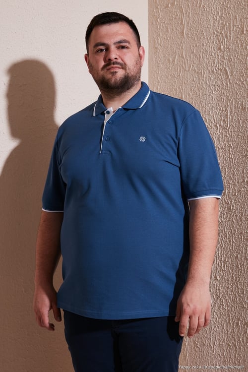 Büyük Beden Pamuklu Regular Fit Erkek Polo Yaka T Shirt 5902118B Koyu Mavi-Beyaz