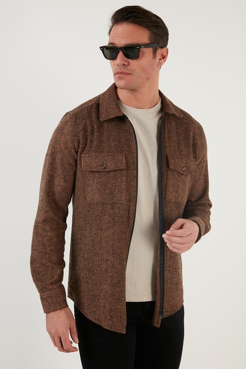 Çift Cepli Fermuarlı Slim Fit Kışlık Erkek Gömlek CF21W112925 HARDAL