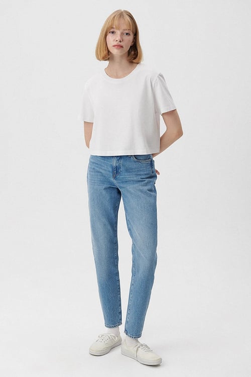 Cindy Pamuklu Yüksek Bel Daralan Paça Mom Jeans Kadın Kot Pantolon 100277-86392 MAVİ
