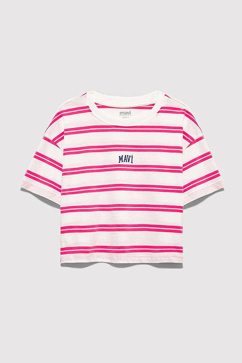 Çizgili % 100 Pamuk Loose Fit Bisiklet Yaka Kız Çocuk Crop 7610387-91358 BEYAZ-PEMBE