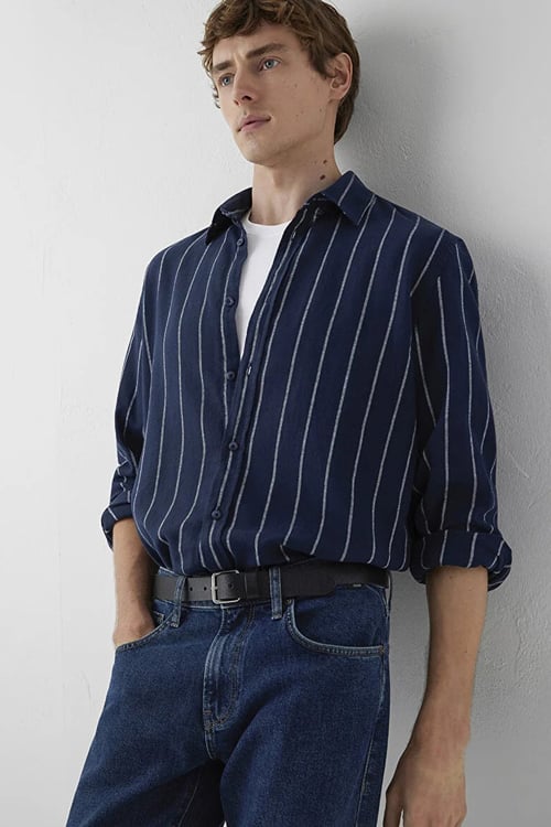 Çizgili % 100 Pamuk Regular Fit Erkek Gömlek 0211712-91741 LACİVERT