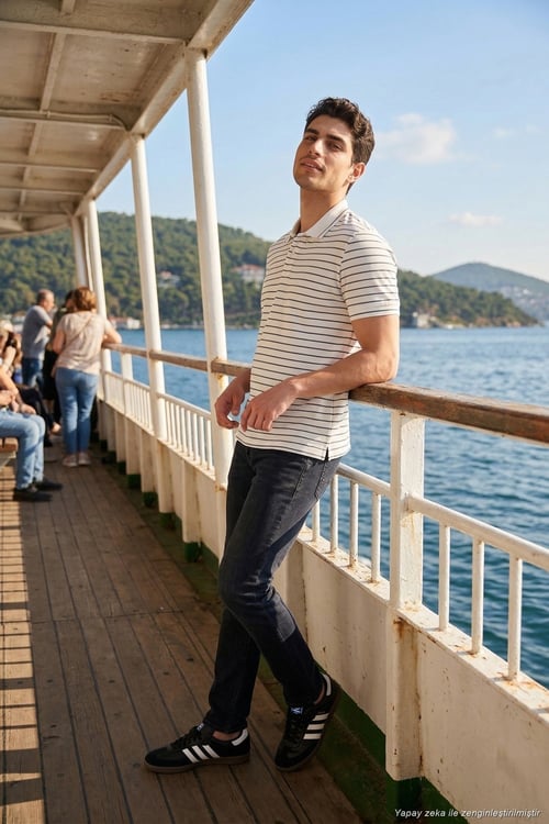 Çizgili Kısa Kollu Düğmeli Erkek Polo T Shirt 5904026 AÇIK HAKİ
