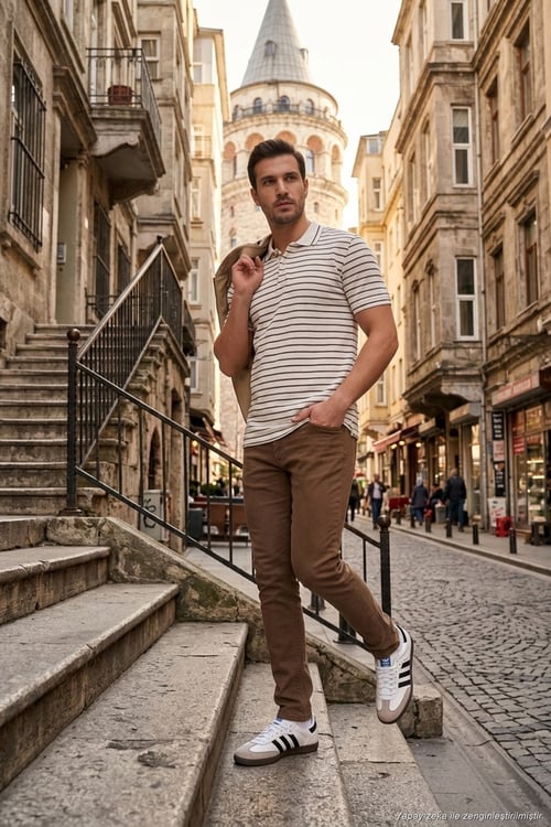 Çizgili Kısa Kollu Düğmeli Erkek Polo T Shirt 5904026 KAHVE