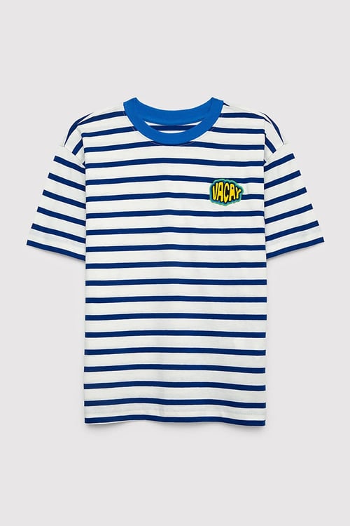 Çizgili Pamuklu Loose Fit Bisiklet Yaka Erkek Çocuk T Shirt 6610468-86975 MAVİ-BEYAZ