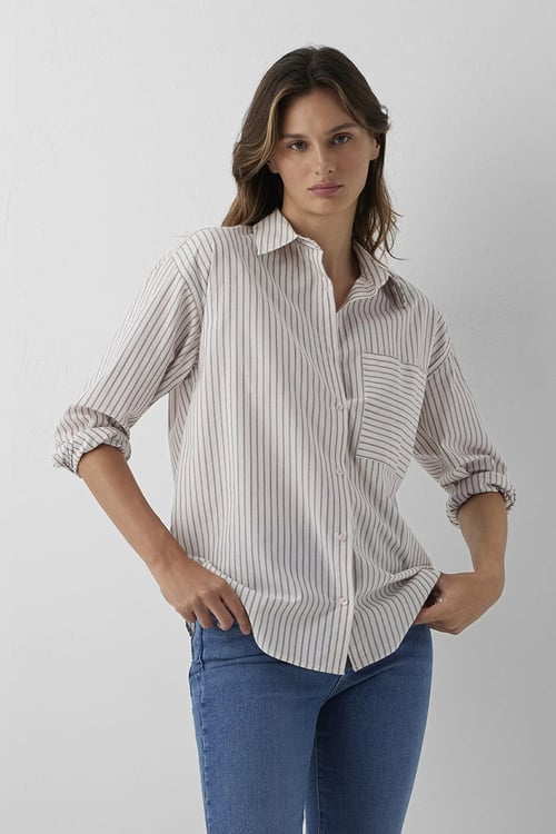 Çizgili Pamuklu Loose Fit Kadın Gömlek 1211201-87982 Taş-Bordo