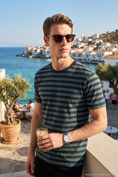 Çizgili Pamuklu Relaxed Fit Bisiklet Yaka Erkek T Shirt 5904078 NEFTİ-LACİVERT